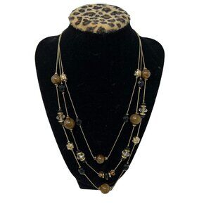 Gold Tone Necklace 3‎ Strand Brown Black Beads Serpentine Chain